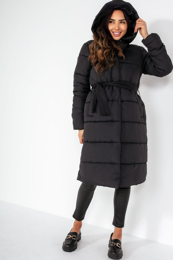 Zolah Black Oversized Belted Duvet Coat