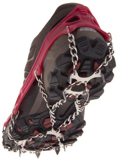 Microspikes traction device on a shoe.
