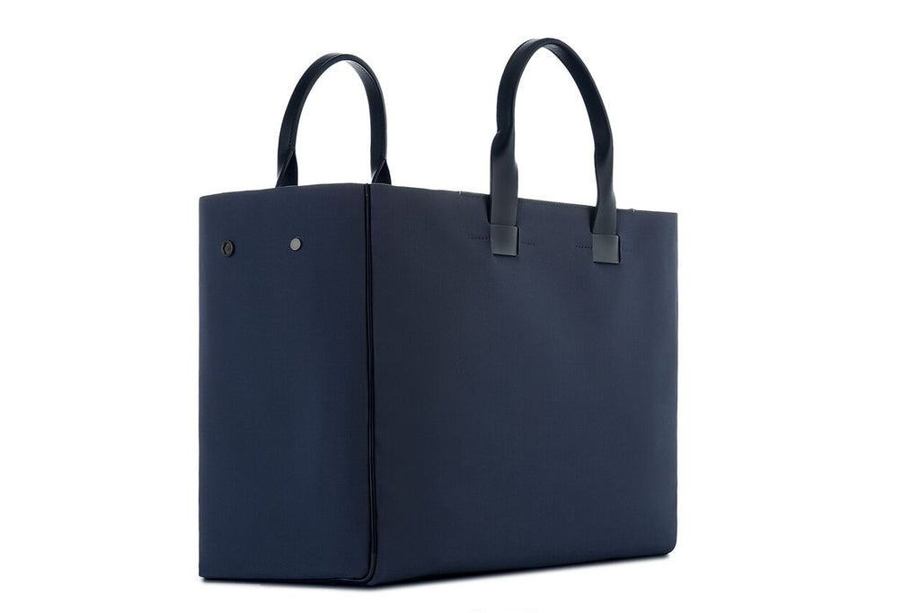 Fabric and Leather Tote Bag - Navy Coated Canvas