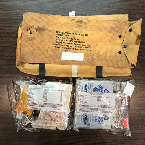 747 Survival Kits contain two modules: Survival, Utility and First Aid Kit Base Kit Module, and the Survival, Utility and First Aid Kit Five Year Replacement Kit Module.