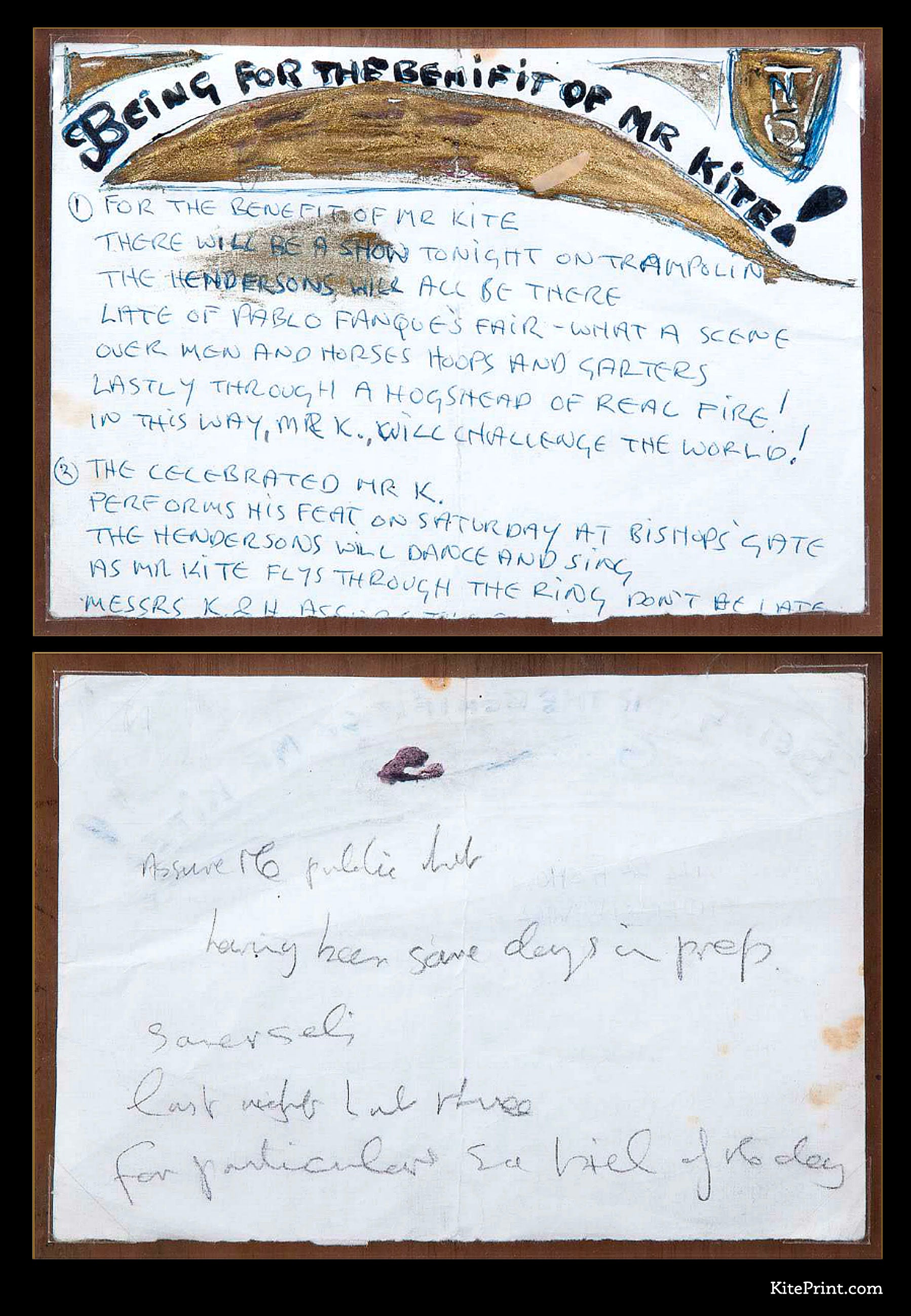 John Lennon's handwritten lyrics for 'Being for the Benefit of Mr. Kite'