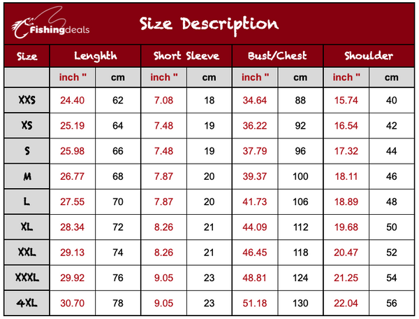 Size Chart for T-Shirts at Fishing-Deals.com
