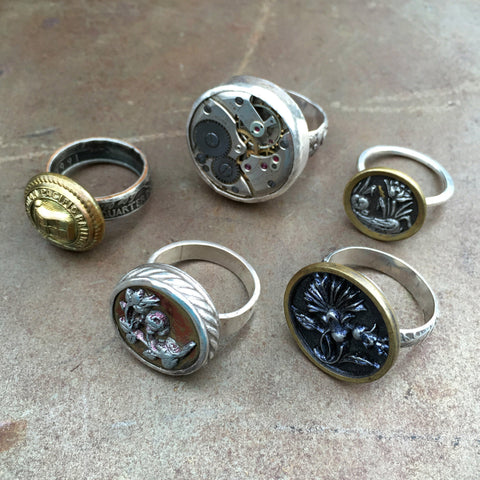compass rose design antique button steampunk watch rings