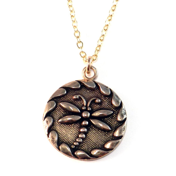 dragonfly antique button necklace - bronze classic