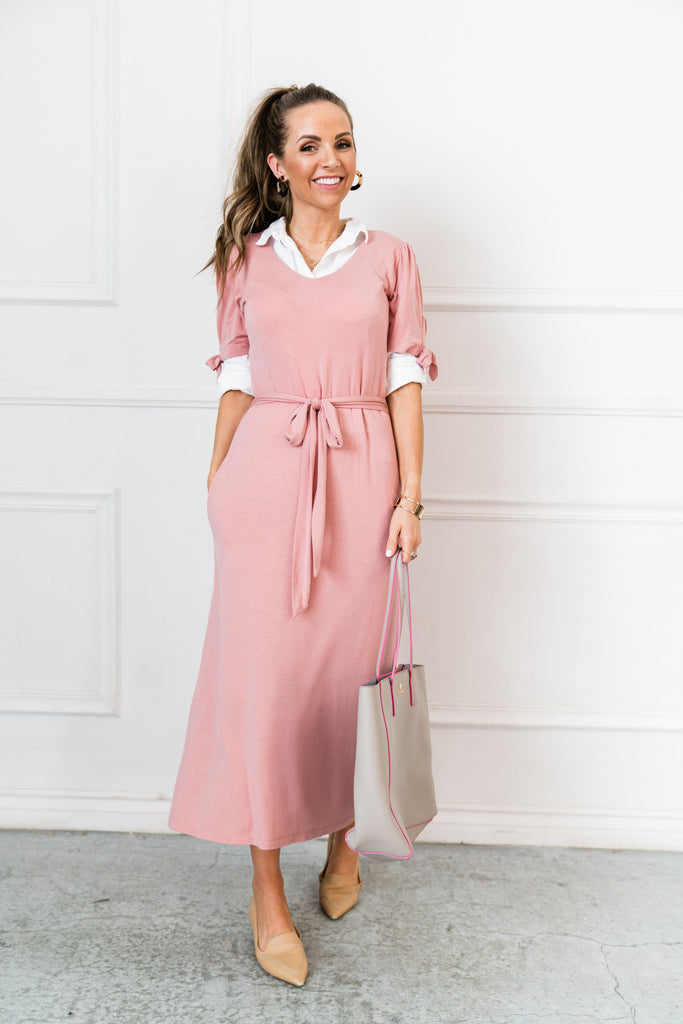 dusty pink midi dress workwear