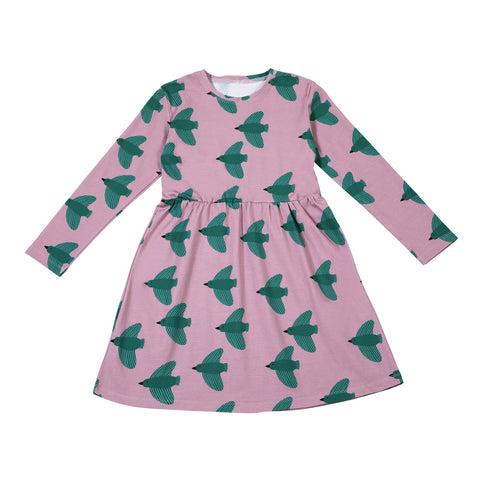 Green Birds on Pink Dress