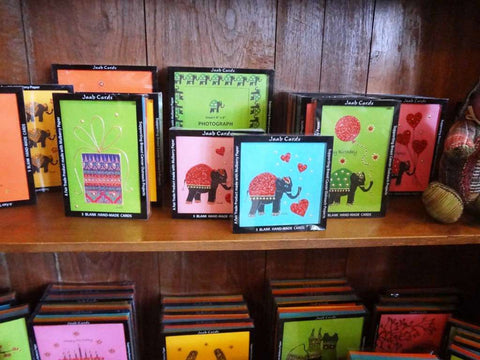 The Elephant Story sells Jaab cards from Thailand, handmade and hand painted with elephant imagery on mulberry paper.