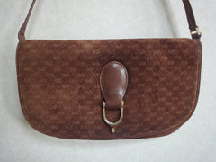 Vintage Gucci dark brown suede leather clutch shoulder bag with micro, mini GG prints allover. Rare, Collectible Masterpiece