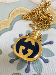 80’s vintage Gucci golden chain long necklace with navy motif perfume bottle. Rare Gucci vintage jewelry. Perfect gift.