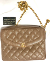 Vintage Chanel large brown caviar leather 2.55 camera bag style chain shoulder bag with golden CC ball charm. Must have purse. 0405161