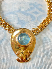 Vintage CHANEL statement necklace with gripoix blue stone and CC mark top. Double chain necklace. 0407282