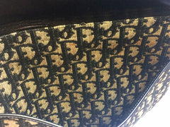 80's vintage Christian Dior navy leather and trotter jacquard shoulder bag with gold tone logo closure. Classic bag from Modele Exclusif.