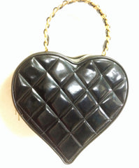 Vintage CHANEL black patent enamel quilted leather large heart shape vanity handbag with white cc mark and golden chain handle. Rare purse.
