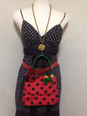 MINT Condition. Vintage MOSCHINO red and black canvas polkadot kelly handbag with a matching rose flower and leaf and crochet fruits motifs