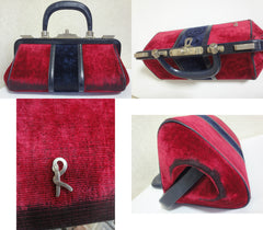 70's, 80's vintage Roberta di Camerino red and navy velvet doctor handbag with gold charm and leather trimming. Treasury bag for collection