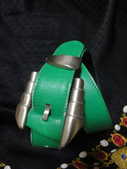 Vintage Gianni Versace green leather rock star belt with silver hardware. Size for 25.5 inch, 65 cm. Get the authentic Lady Gaga look.