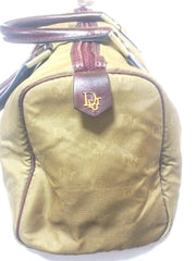 Vintage Christian Dior beige handbag purse in logo jacquard nylon and wine leather trimmings. Mini duffle bag. Unisex use.