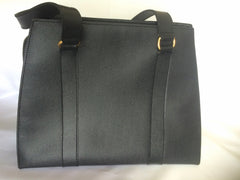 Vintage CELINE black trapezoidal tote with red lining and gold tone Celine logo charm.