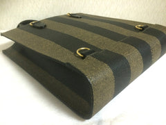 MINT. Vintage FENDI pecan khaki and black vertical stripe, mini shopping tote bag with a round leather logo mark. Unisex and daily use.