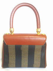 Vintage FENDI kelly bag style mini handbag in classic pecan stripes and brown leather handle. Classic vintage bag