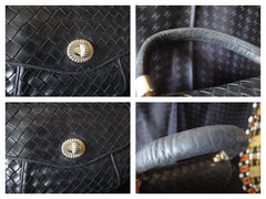 Vintage rare Bottega Veneta intreciato woven leather purse in black with unique opening closure motif. One of a kind.