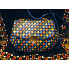 SOLD OUT: Vintage Bottega Veneta intrecciato woven leather shoulder purse in red, blue, green, yellow, and navy. Rare masterpiece. Cam be a clutch