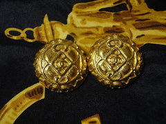 SOLD OUT: Vintage CHANEL gold tone round earrings with CC and unique design. Great vintage gift.