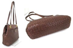 SOLD OUT: Vintage Bally brown intrecciato leather tote purse with golden B logo motif. Masterpiece back in the era.