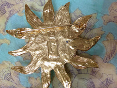 MINT. Vintage Yves Saint Laurent Swarovski crystal stone all over sun flower pin brooch with YSL mark. Made in France. Hat, scarf, jacket