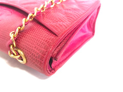 Vintage CHANEL hot pink genuine lizard leather envelop style flap shoulder bag with CC stitch mark and golden chain strap. Rare masterpiece.