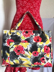 Vintage CHANEL red, yellow, and black water color drawing design fabric canvas large tote bag with black enamel CC mark. Rare masterpiece back in the 90’s.