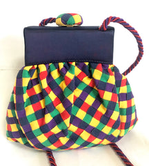 Vintage Bottega Veneta intrecciato woven grosgrain tape pouch clutch bag, shoulder bag in yellow, blue, purple, red, and green. Rare piece.
