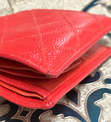 Vintage CHANEL red stitched caviar leather square wallet, bill, card case. Unisex purse.