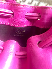 Vintage Celine hot pink leather mini hobo bucket shoulder pouch with drawstring. Must have rare Celine bag.