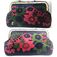 Reserved for Ella. 70's, 80's vintage Roberta di Camerino red, green, and navy velvet and leather doctor bag with flower weaving and gold charm. Rare purse