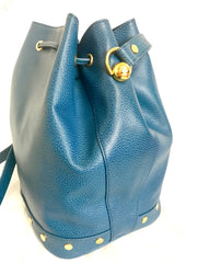 Vintage LANVIN blue grained leather hobo bucket shoulder bag with golden logo motifs.