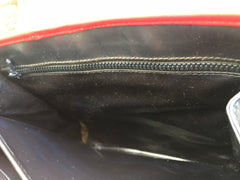 Vintage Celine navy nylon and red leather piping shoulder bag with golden blason macadam logo embossed motif on flap. riri zipper