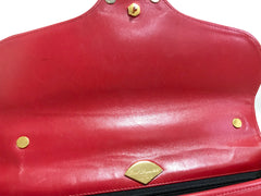 Vintage Karl Lagerfeld red leather handbag with golden fan shape logo motif and ball chain strap. Rare and beautiful purse.