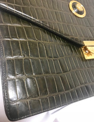 Vintage Gianni Versace dark green/khaki croc embossed leather document bag, portfolio purse with Medallion Sunburst motifs. Unisex use.