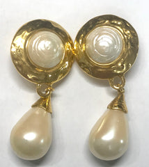 Vintage Yves Saint Laurent golden dangling earrings with round and teardrop white faux pearls. Rare YSL jewelry.
