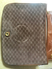 Vintage Gucci brown leather micro GG print shoulder bag with iconic golden large round GG motif. Rare masterpiece purse.