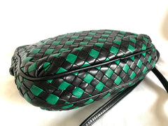 Vintage Bottega Veneta intrecciato woven lambskin shoulder bag with navy and green. Tassel to the zipper. Unique rare purse.