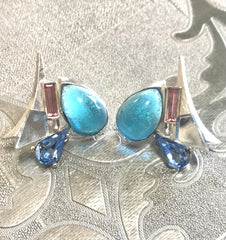 Vintage Christian Lacroix silver and blue earrings. Blue and pink crystal stones. Rare statement jewelry. Great gift