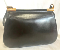 Vintage LANVIN brown leather shoulder bag with golden logo motif closure. Classic purse.