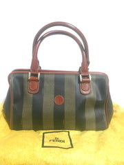 Vintage FENDI pecan stripe Speedy style handbag, purse with brown leather trimming. Clasisc Fendi bag.