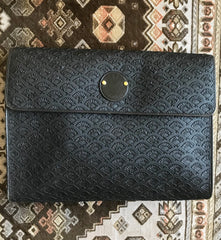 Vintage Karl Lagerfeld black fan pattern document bag, portfolio purse with logo motif. Great for unisex and daily use.