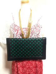 Vintage Bottega Veneta intrecciato navy and green woven lamb leather large clutch bag, purse. Unisex.