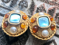 Vintage CHANEL golden oval faux pearl and light blue and orange jewel stone extra large earrings. Masterpiece jewelry.
