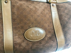 Vintage Celine genuine brown suede mini duffle, speedy type handbag with macadam, blason print with embossed logo. Unisex bag.
