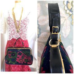 Reserved for Ella. 70's, 80's vintage Roberta di Camerino red, green, and navy velvet and leather doctor bag with flower weaving and gold charm. Rare purse